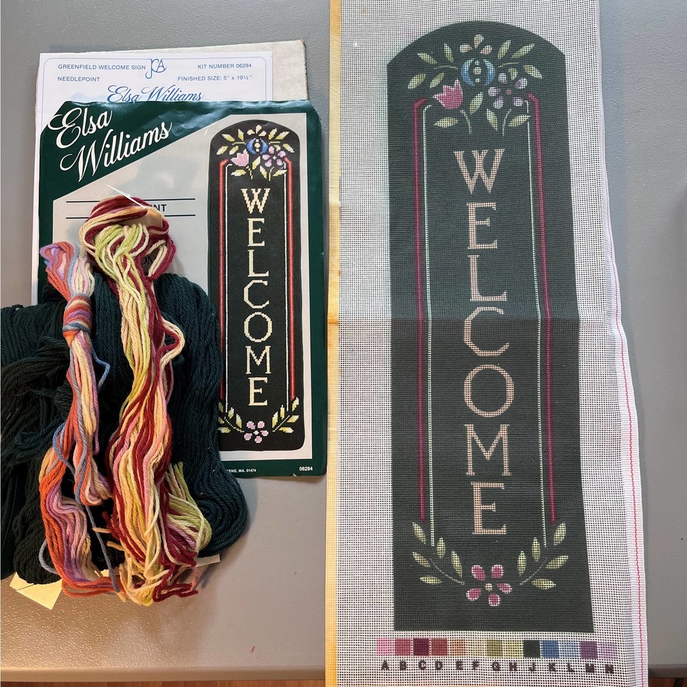 vtg Welcome sign needlepoint kit yarn Elsa Williams Greenfield complete 06294
